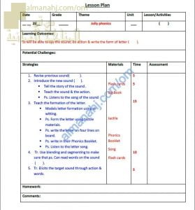 مخطط وجدول تحضير الدروس (لغة انجليزية) ملفات مدرسية