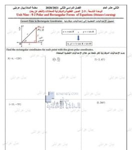 أسئلة مراجعة الوحدة التاسعة: 9-2 الصور القطبية والديكارتية للمعادلات (التعلم عن بعد), (رياضيات) الثاني عشر العام