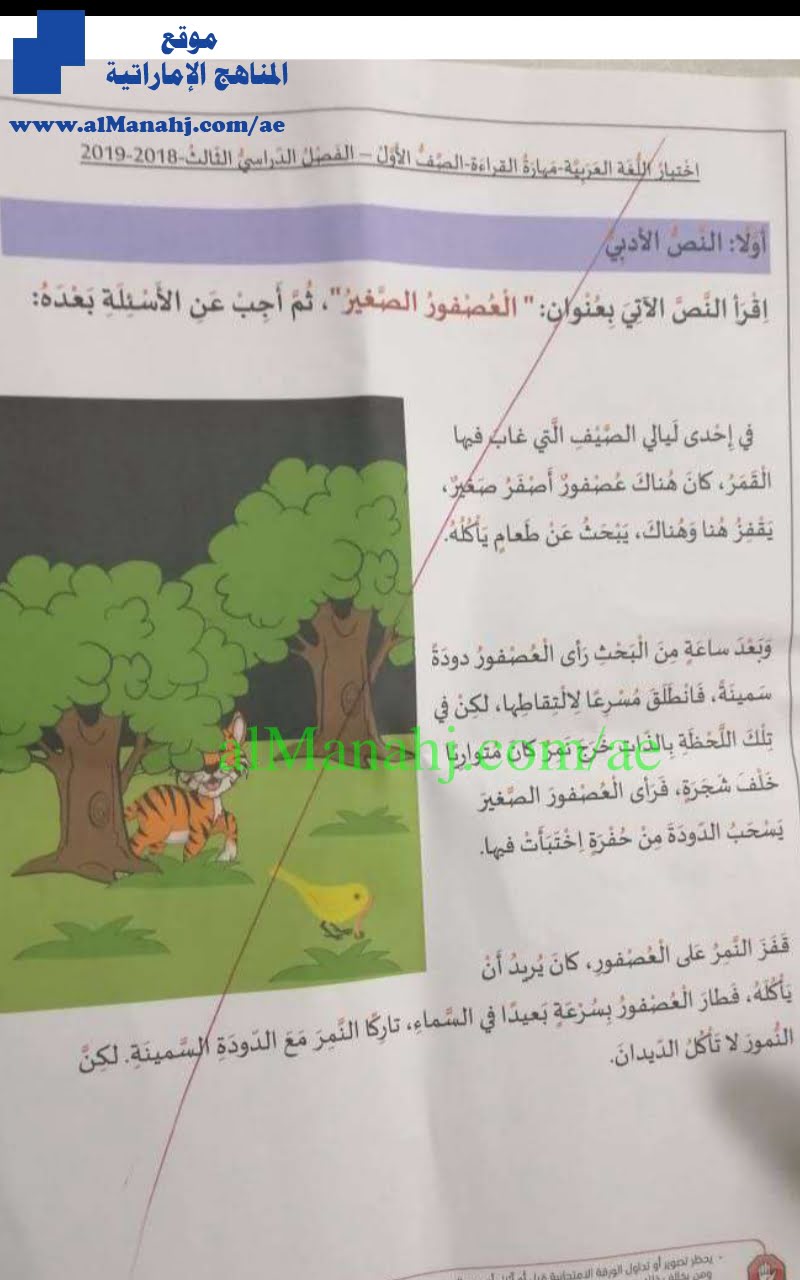 اختبار القراءة فصل ثالث, (لغة عربية) الأول