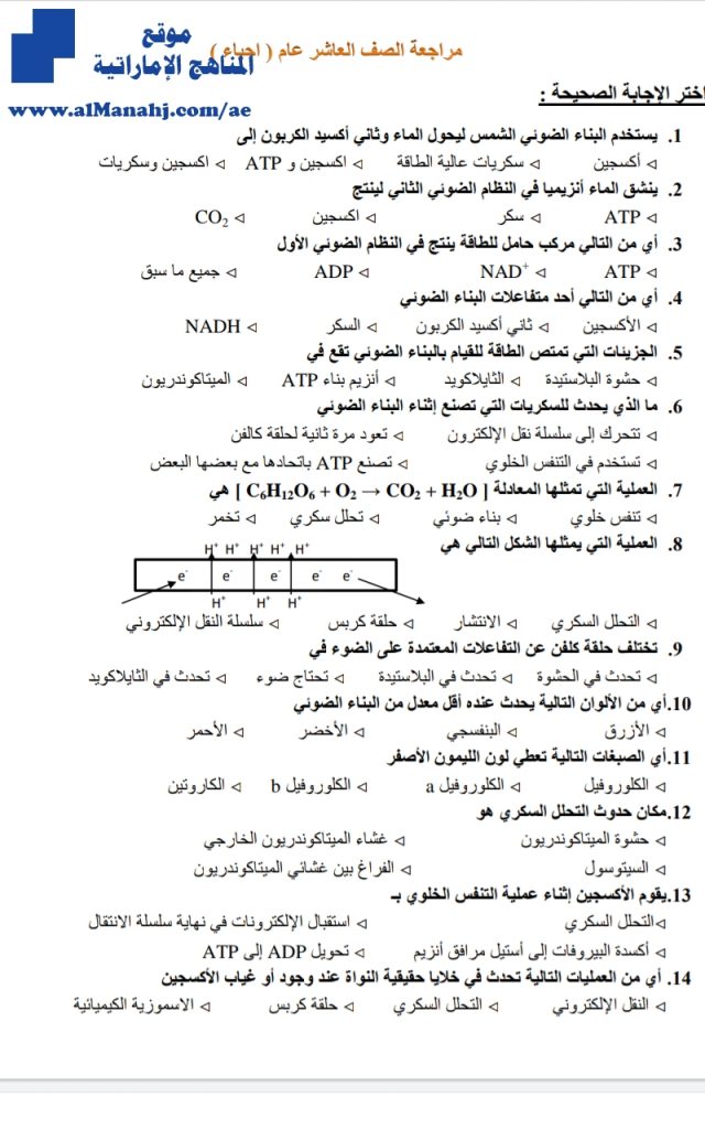 مراجعة شاملة ثانية للفصل الأول 6 صفحات, (علوم) العاشر العام