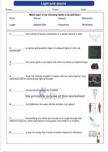 أوراق عمل LIGHT AND SOUND, منهج انجليزي (علوم) السابع