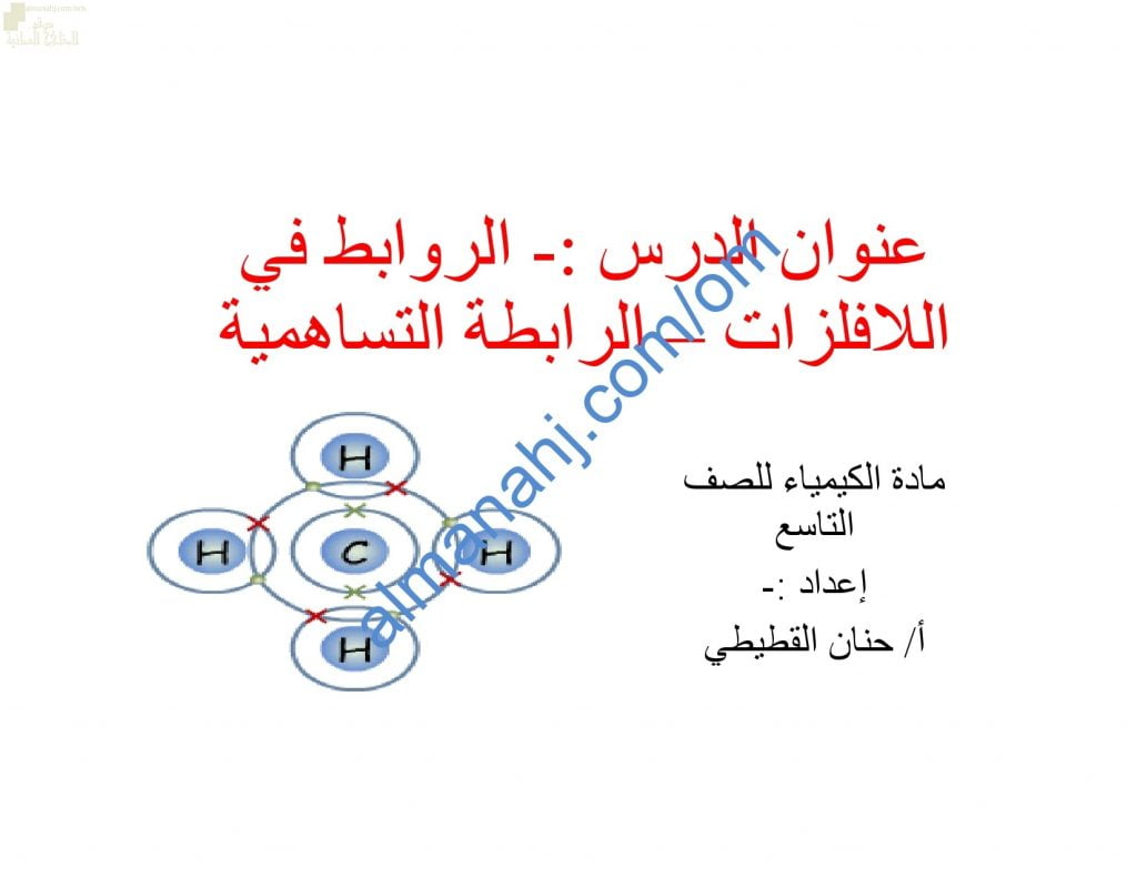 ملخص شرح درس الروابط في الفلزات – الرابطة التساهمية مع أسئلة اختبارية (كيمياء) التاسع