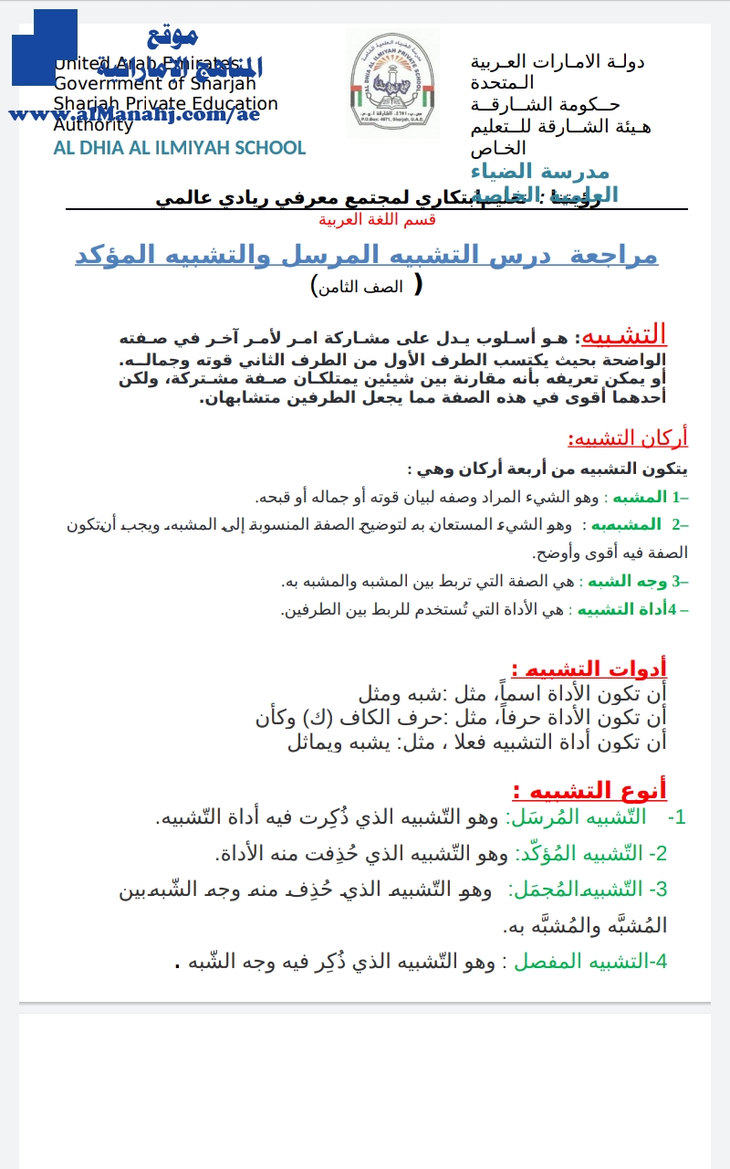 ورقة عمل درس التشبيه المرسل والتشبيه المؤكد, (لغة عربية) الثامن