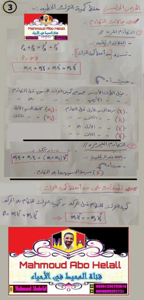 ملخص القوانين الهامة للدرس الخامس (حفظ كمية التحرك الخطية) (علوم وبيئة) الثاني عشر
