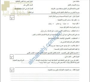 اختبار قصير نموذج ثاني (فنون تشكيلية) الثاني عشر