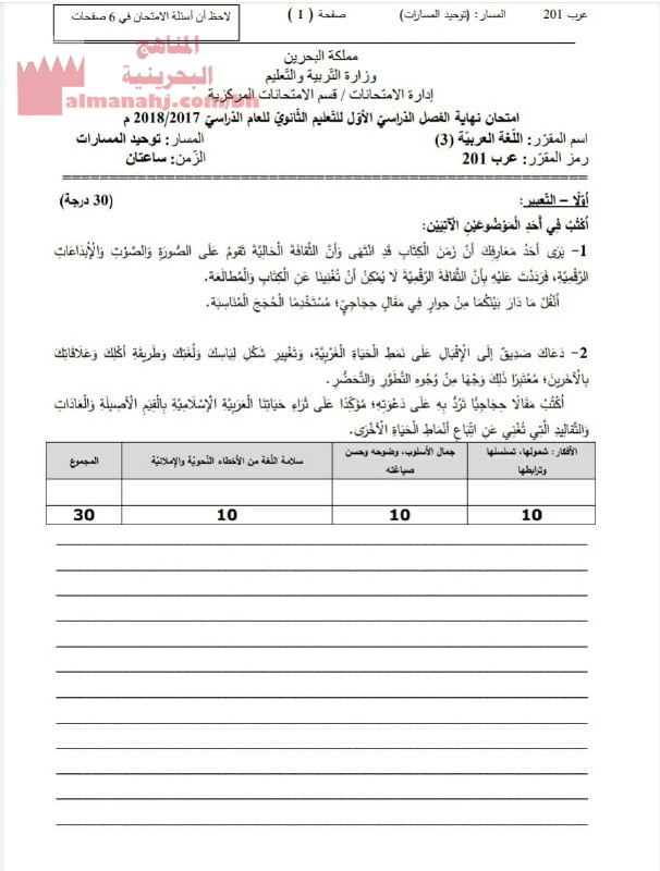 أسئلة امتحان نهاية الفصل الأوّل في اللغة العربية مقرر عرب 201