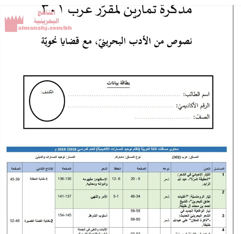 مذكرة تمارين لمقرر عرب 301،نصوص من الأدب البحريني مع قضايا نحويّة (لغة عربية) الثالث الثانوي