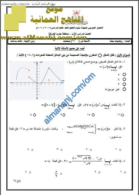 أسئلة الامتحان التجريبي في محافظة جنوب الشرقية (بعد التعديل) (رياضيات بحتة) الثاني عشر