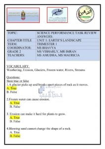 اختبار مراجعة الوحدة الثالثة EARTHS LANDSCAPE مع الحل, (علوم) الثاني