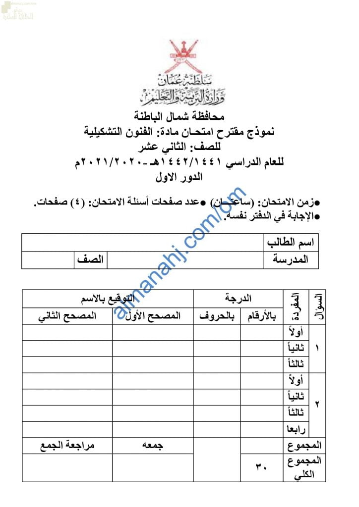 امتحان تدريبي وتجريبي للاختبار النهائي نموذج ثان (فنون تشكيلية) الثاني عشر