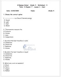أوراق عمل درس الحرارة HEAT, (علوم) الرابع