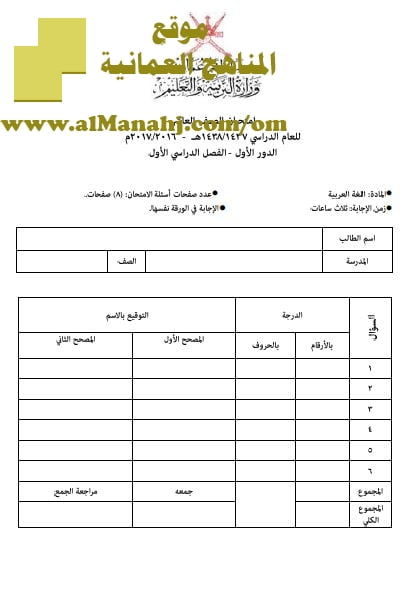 امتحان وإجابة الأسئلة الرسمية للفصل الدراسي الأول الدور الأول (لغة عربية) العاشر