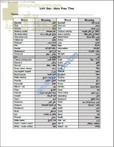مذكرة مفردات الوحدة الأولى (MORE FREE TIME) مع ترجمتها (لغة انجليزية) الثامن
