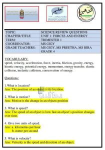 أوراق عمل الوحدة الأولى FORCE AND ENERGY مع الحل, منهج انجليزي (علوم) الرابع
