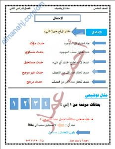 ملخص شرح درس الاحتمال مع أمثلة تدريبية (رياضيات) الخامس