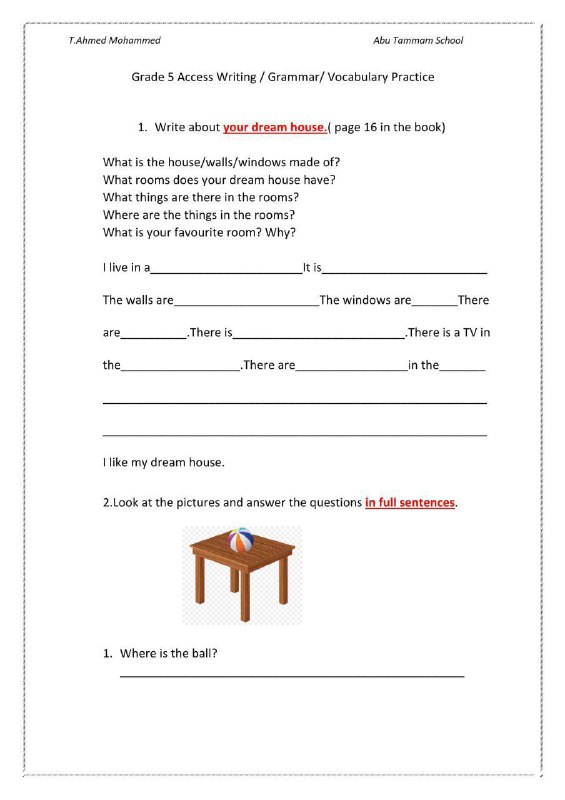 أوراق عمل WRITING GRAMMAR VOCABULARY PRACTICE, (لغة انجليزية) الخامس