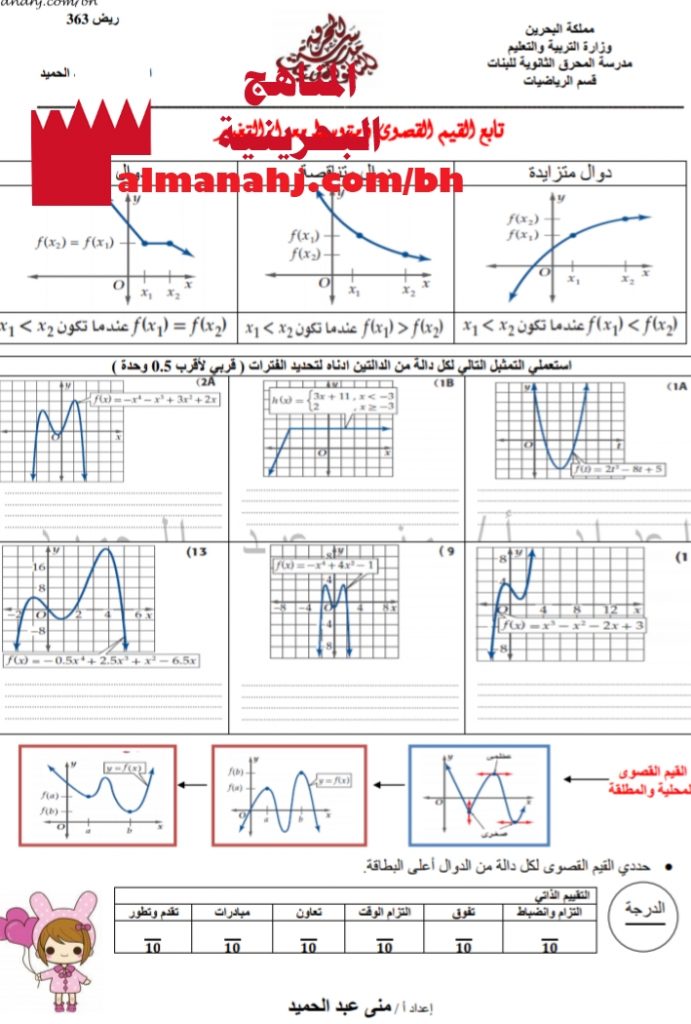 تابع القيم القصوى ومتوسط معدل التغيير مقرر ريض 363