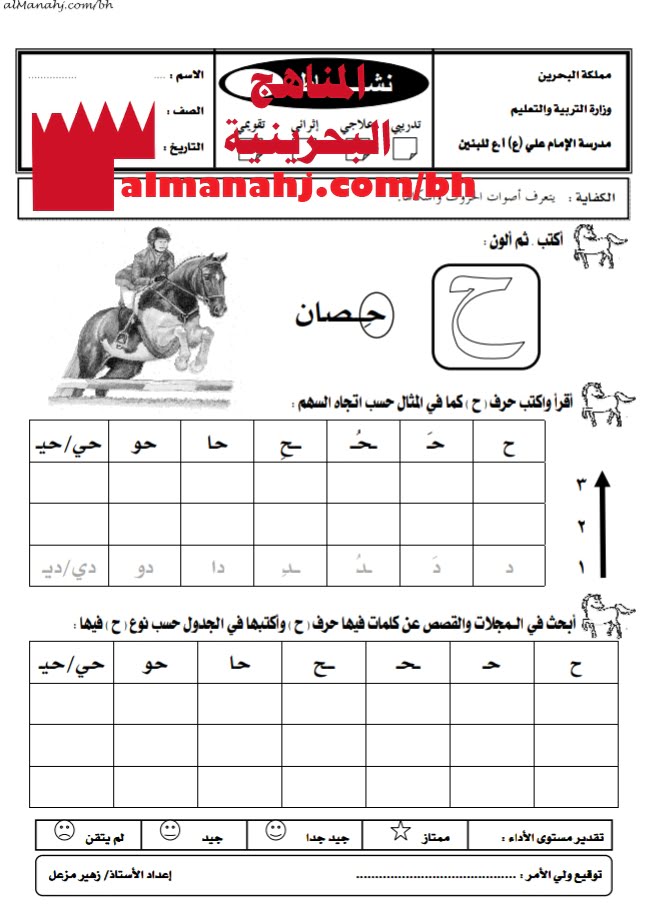 نشاط تدريبي في أدوات الكتابة (كتابة حرف الحاء) 1 (لغة عربية) الأول