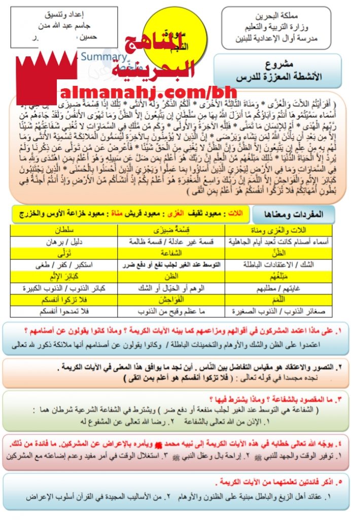 مذكرة مراجعة لامتحان نهاية الفصل الدراسي الأول