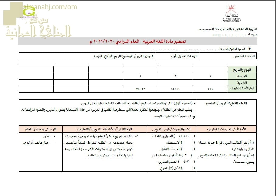 النموذج المعتمد للتحضير لمادة اللغة العربية لجميع الصفوف (التربية) ملفات مدرسية