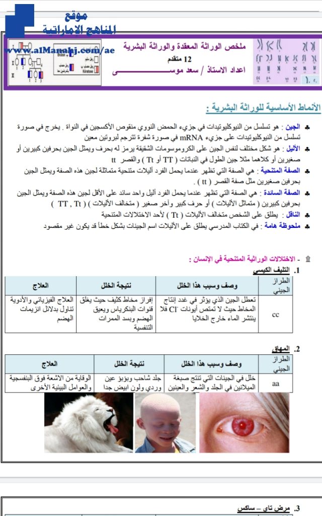 ملخص الوراثة المعقدة والوراثة البشرية, (علوم) الحادي عشر المتقدم