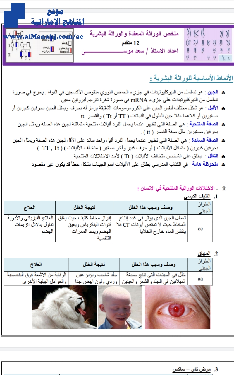 ملخص الوراثة المعقدة والوراثة البشرية, (علوم) الحادي عشر المتقدم