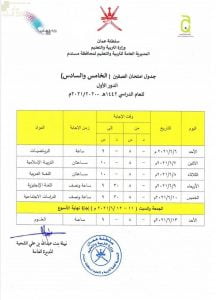 جدول الاختبارات النهائية لجميع الصفوف في محافظة مسندم (الامتحانات) ملفات مدرسية
