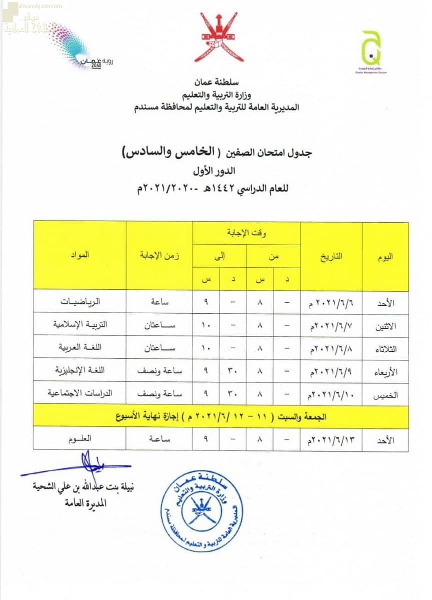 جدول الاختبارات النهائية لجميع الصفوف في محافظة مسندم (الامتحانات) ملفات مدرسية