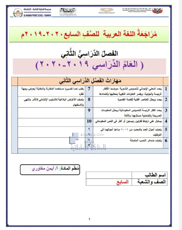 أوراق عمل مراجعة للفصل الثاني, (لغة عربية) السابع