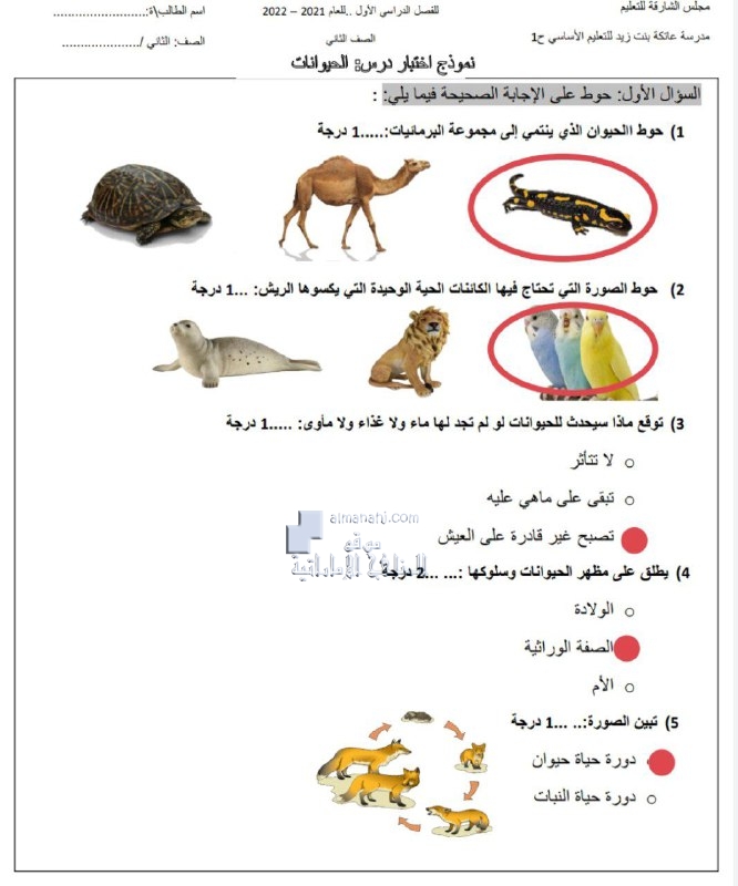 نموذج اختبار درس الحيوانات مع الحل, (علوم) الثاني