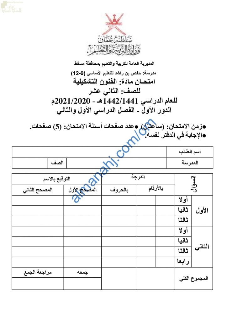 امتحان تدريبي وتجريبي للاختبار النهائي نموذج أول (فنون تشكيلية) الثاني عشر