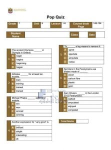 بوب كويز الوحدة التاسعة (POP QUIZ UNIT: 9) يتبعه الحل, (لغة انجليزية) السابع