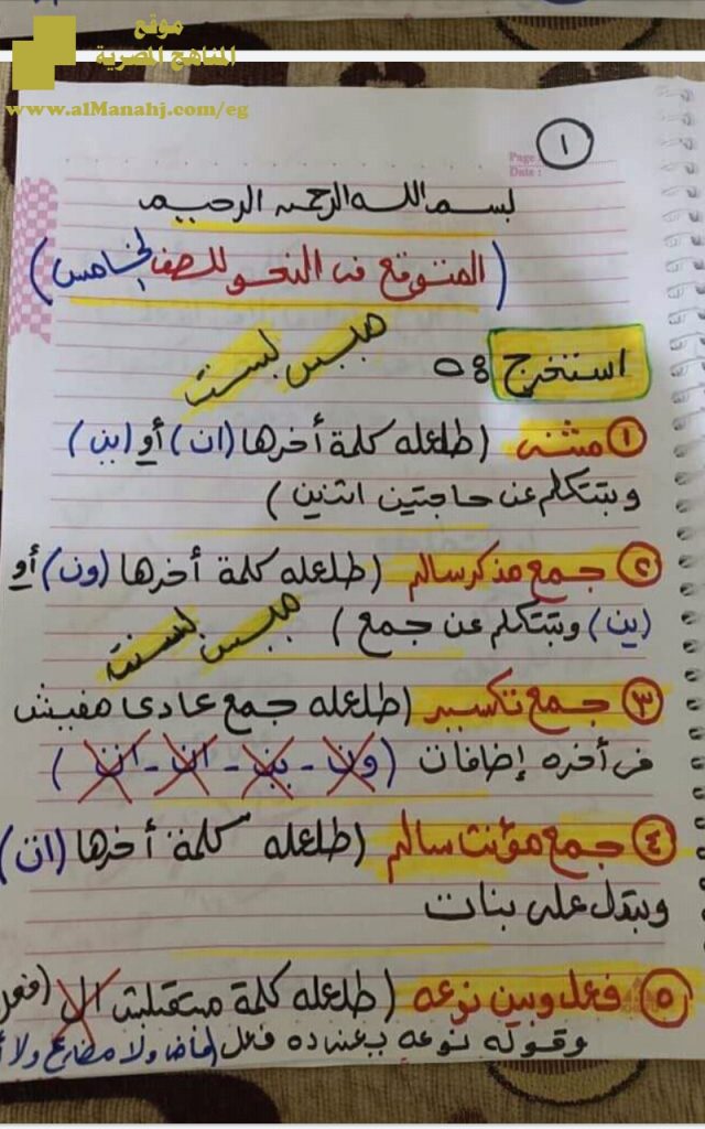 المتوقع في امتحان النحو للفصل الأول بخط اليد