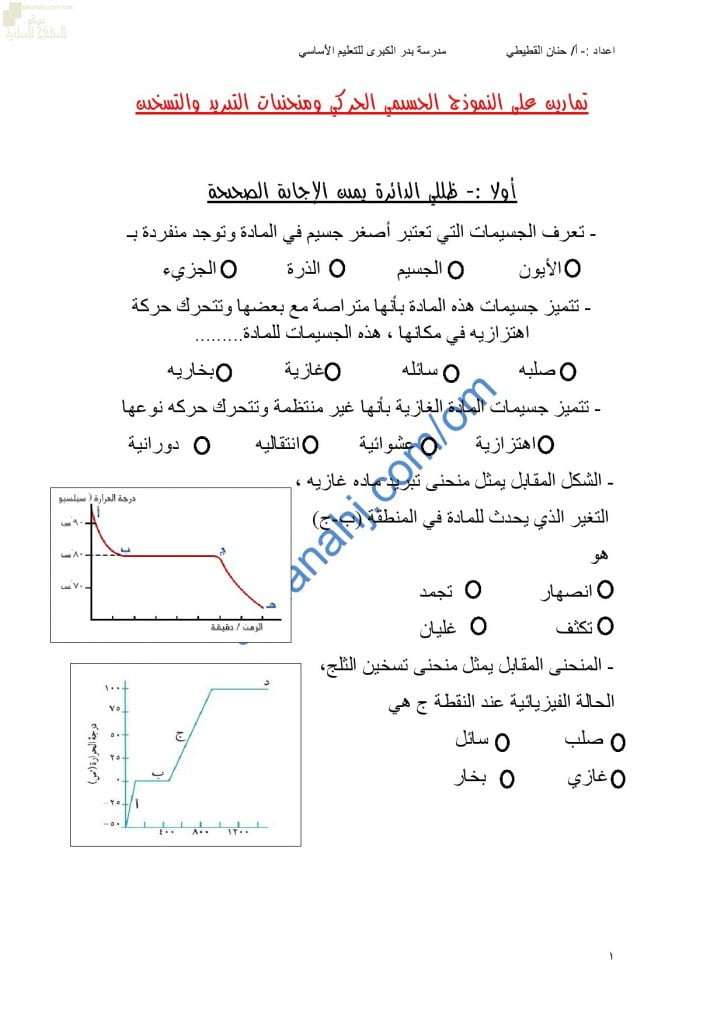 مذكرة أنشطة وتدريبات وتمارين اختبارية في درس النموذج الجسمي الحركي ومنحنيات التبريد والتسخين (كيمياء) التاسع