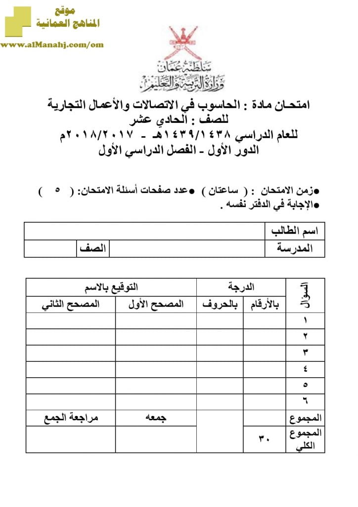 أسئلة وإجابة الامتحان الرسمي الدور الأول والثاني (حاسوب) الحادي عشر