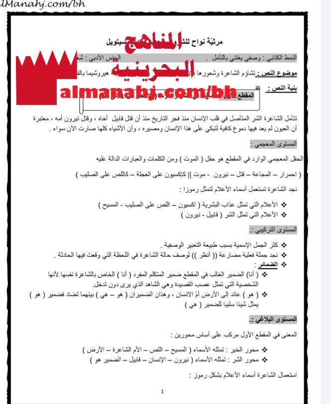 مرثية نواح للشروق الجديد (إديث سيتويل) في مقرر عرب 311 (لغة عربية) الثالث الثانوي