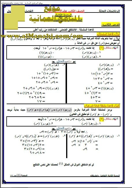 مذكرة مسائل امتحانية في وحدة التفاضل وتطبيقاته (رياضيات بحتة) الثاني عشر