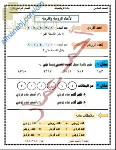 ملخص شرح درس الأعداد الفردية والزوجية مع أمثلة تدريبية (رياضيات) السادس