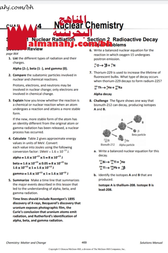 مذكرة تدريبات وأسئلة في الكيمياء النووية مقرر كيم 318 باللغة الانجليزية (كيمياء) الثالث الثانوي