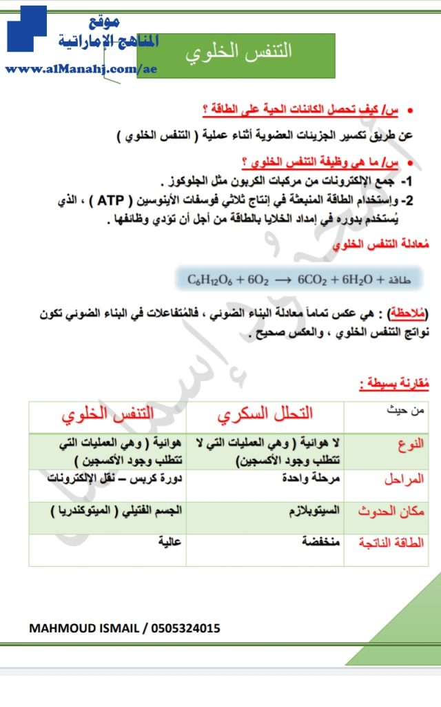 ملخص التنفس الخلوي, (علوم) العاشر العام