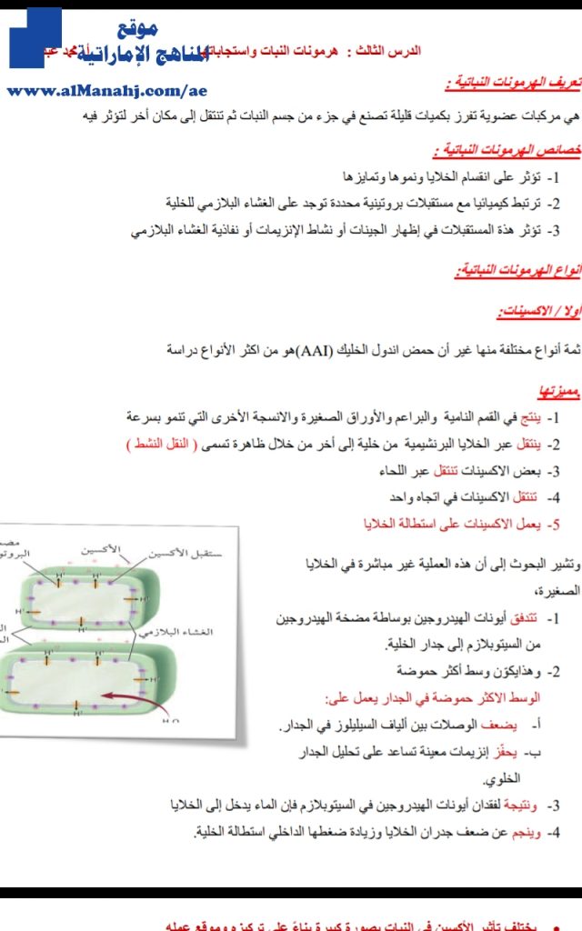 الدرس الثالث هرمونات النباتات واستجاباتها, (علوم) الحادي عشر المتقدم