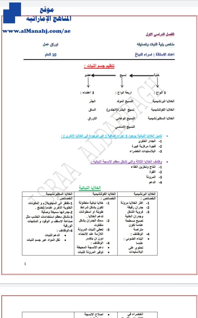 ملخص بنية النبات وتصنيفه, (علوم) العاشر العام
