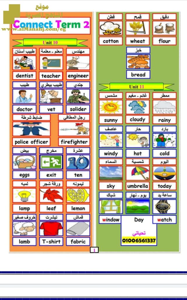 كلمات لغة انجليزية للفصل الأول