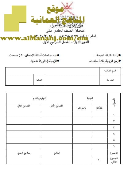 امتحان وإجابة الأسئلة الرسمية للفصل الدراسي الأول الدور الأول (لغة عربية) الحادي عشر