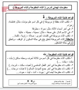 معلومات هامة لـ (التاء المفتوحة والتاء المربوطة) (لغة عربية) الرابع
