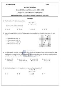 أوراق عمل مراجعة شاملة CH1-LINEAR SYSTEMS AND MATRICES, منهج انجليزي (رياضيات) العاشر المتقدم
