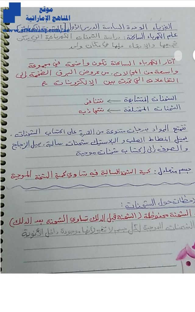 ملخص درس الكهرباء الساكنة “بخط اليد”, (فيزياء) العاشر المتقدم