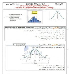 أوراق عمل درس التوزيع الطبيعي من الوحدة العاشرة, (رياضيات) الثاني عشر العام