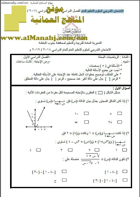 أسئلة الامتحان التجريبي في محافظة جنوب الباطنة (رياضيات بحتة) الثاني عشر