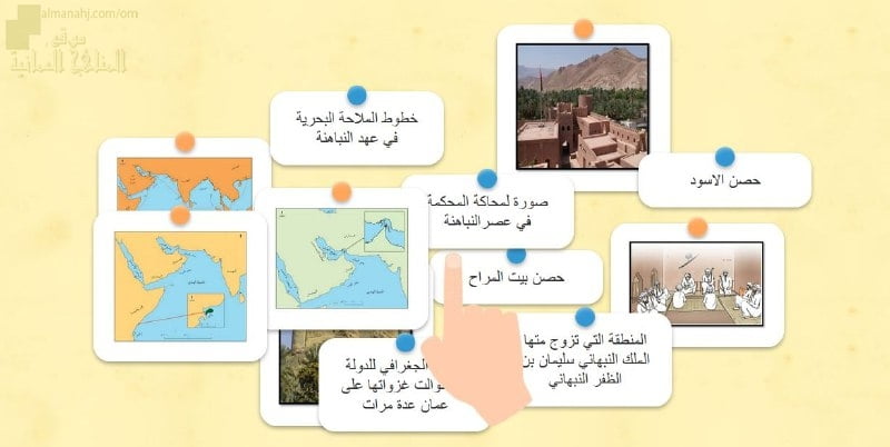 اختبار الكتروني في الدرس الأول عمان في عصر النباهنة حضارة وتواصل (نموذج ثامن) بطريقة المزاوجة بين الصور والعبارات (هذا وطني) الثاني عشر